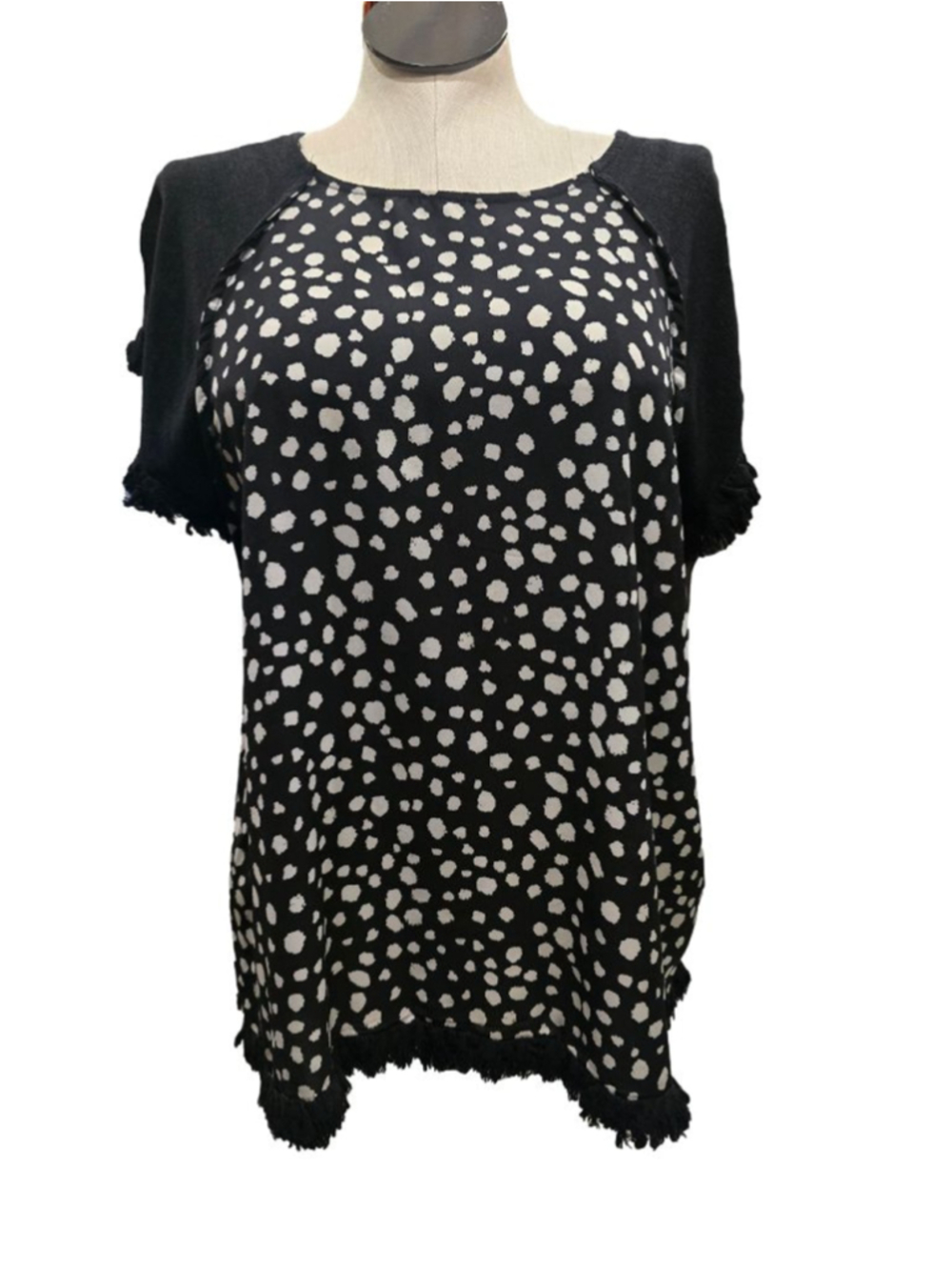 Umgee Black & White Polka Dot Tunic Top with Fringe Trim L